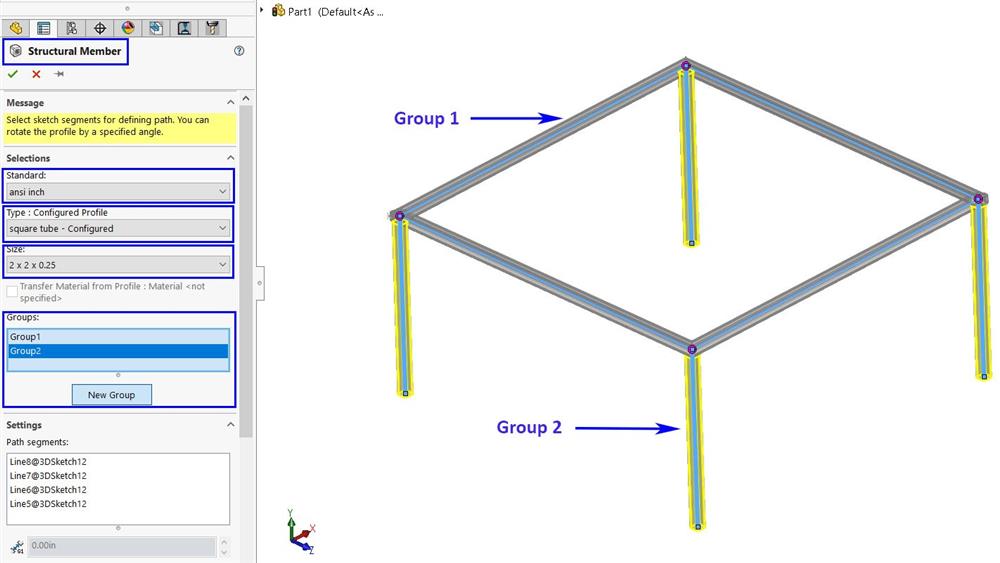 استفاده از ابزار Structural Member جهت انتخاب پروفیل های صنعتی در ابزار Weldment